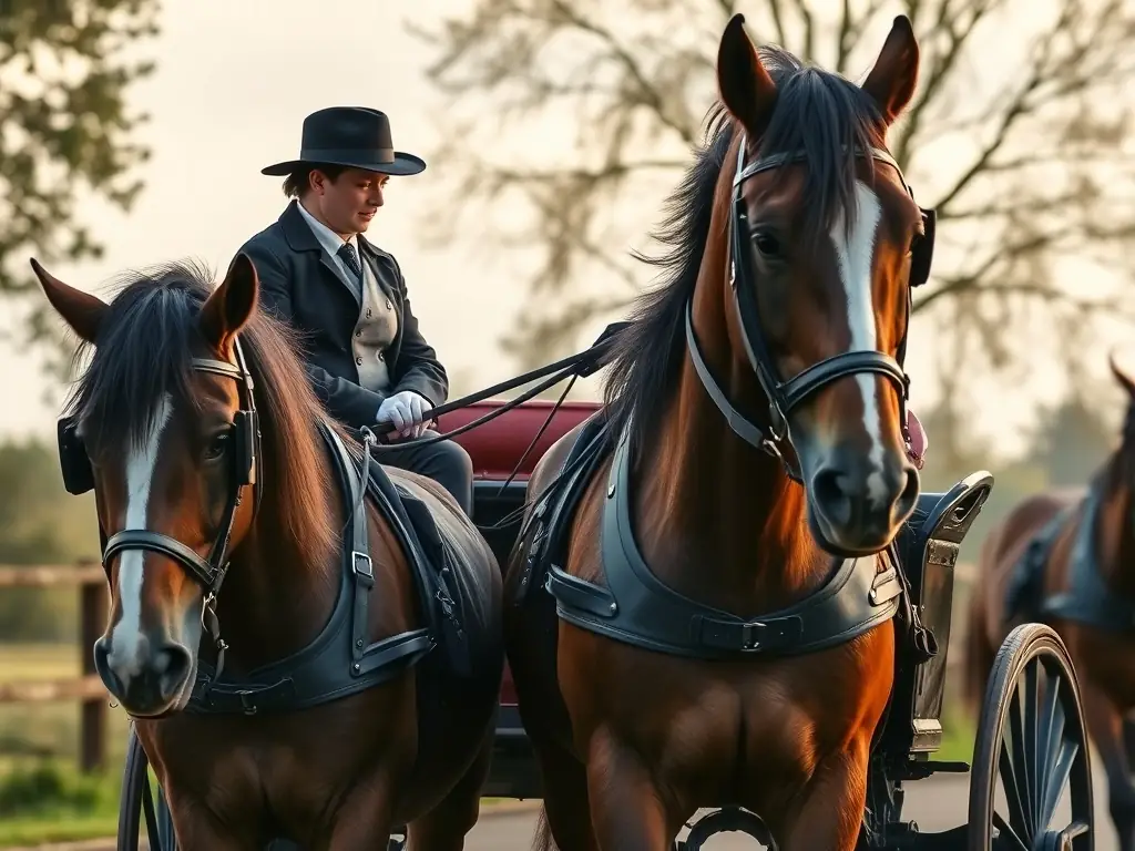 A dynamic image of a carriage driving team in action, highlighting the precision and coordination required for this sport. The setting is a scenic countryside, emphasizing the connection between nature and equestrian activities.