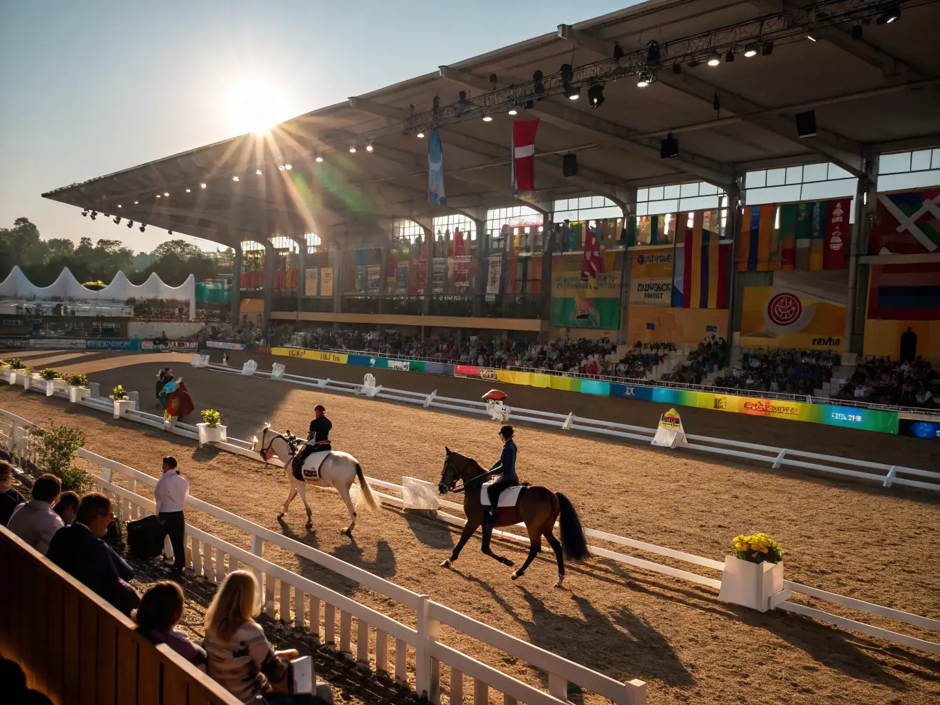 A vibrant image depicting riders participating in an equestrian competition, showcasing the skill and excitement of the event. The focus is on the teamwork between horse and rider, set against a backdrop of cheering spectators.