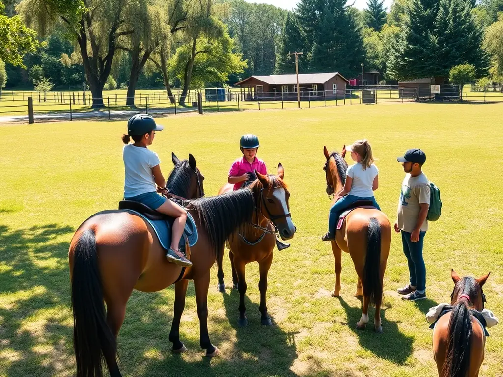 An inspiring image of participants in an equestrian training course, focusing on the learning and development aspects of the program. The setting is a well-equipped equestrian facility, emphasizing the quality of the training provided.
