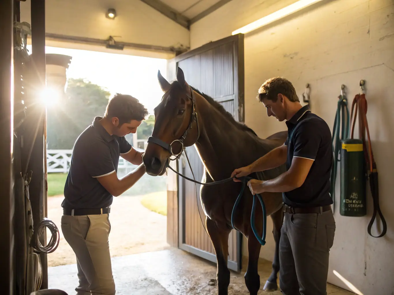 A photograph of participants in an equestrian internship program, learning about horse care and management, with instructors providing hands-on guidance.